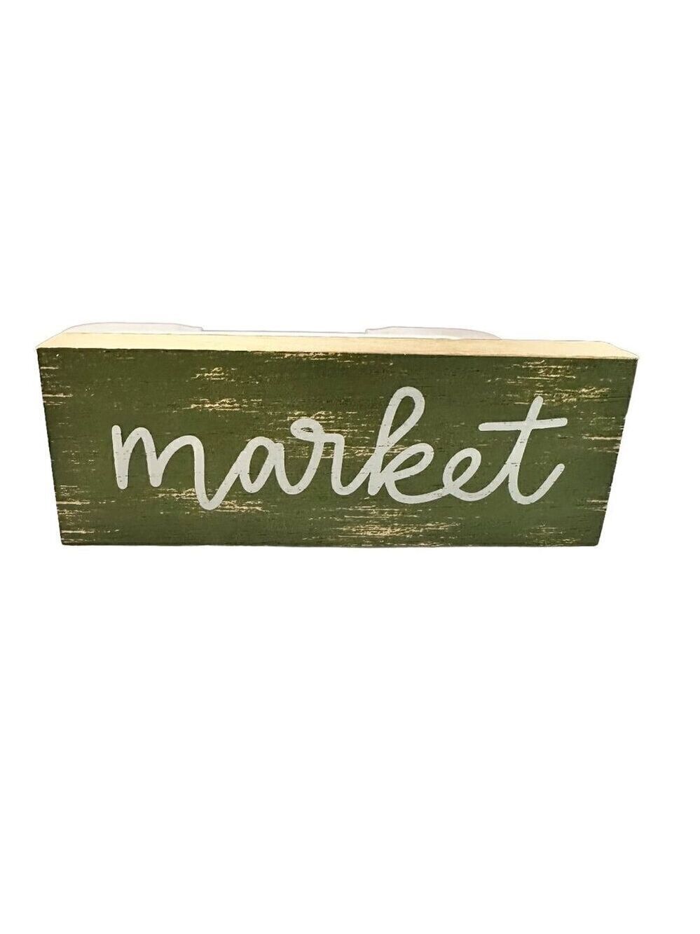 Rustic Market Sign Wooden Farmhouse Decor 6x2x1 Inch Green Distressed Finish